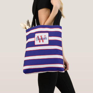Tote Bag Monogramme rayures navy bleu rouge et blanc Prépa
