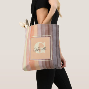 Tote Bag Monogramme rétro coucher de soleil rayure boho aqu