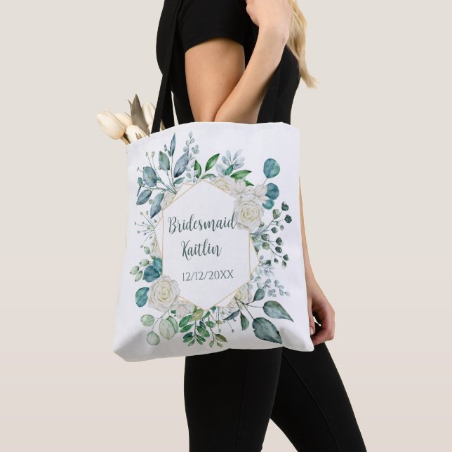 Tote Bag Monogramme Rose blanche verte Eucalyptus Bridesmai (De près)