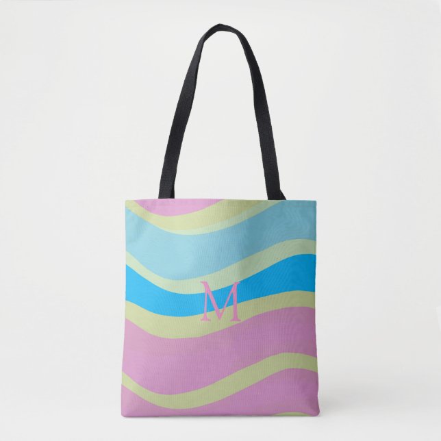 Tote Bag Monogramme rose Bleu Jaune Design moderne (Devant)