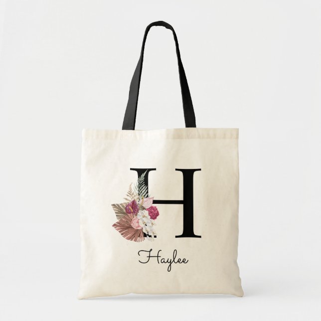 Tote Bag Monogramme Rose Boho Féminin Floral Initial H (Devant)