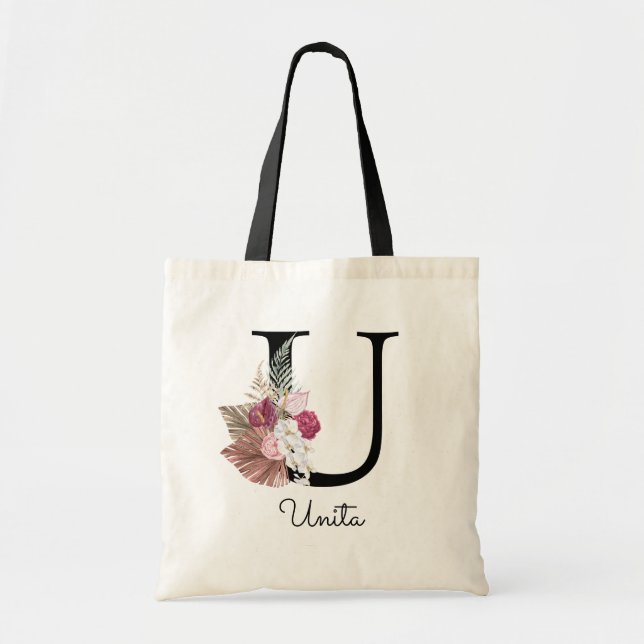Tote Bag Monogramme Rose Boho Féminin Floral Initial U (Devant)