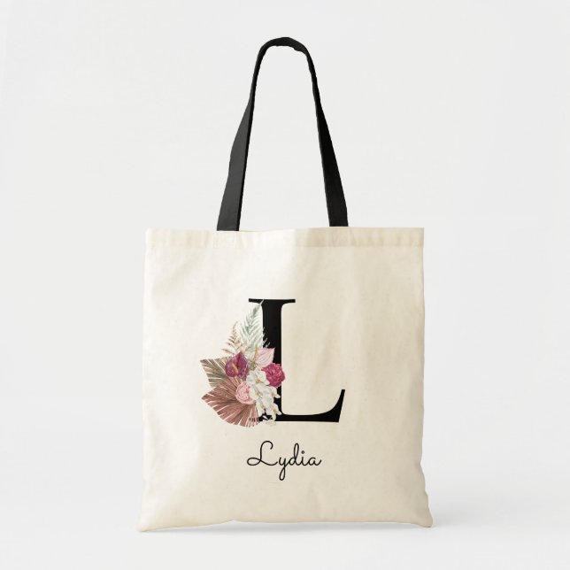 Tote Bag Monogramme Rose Boho Féminin Floral Initiale L (Devant)