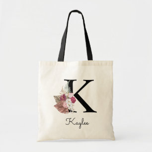 Tote Bag Monogramme Rose Boho Fille Floral Initiale K