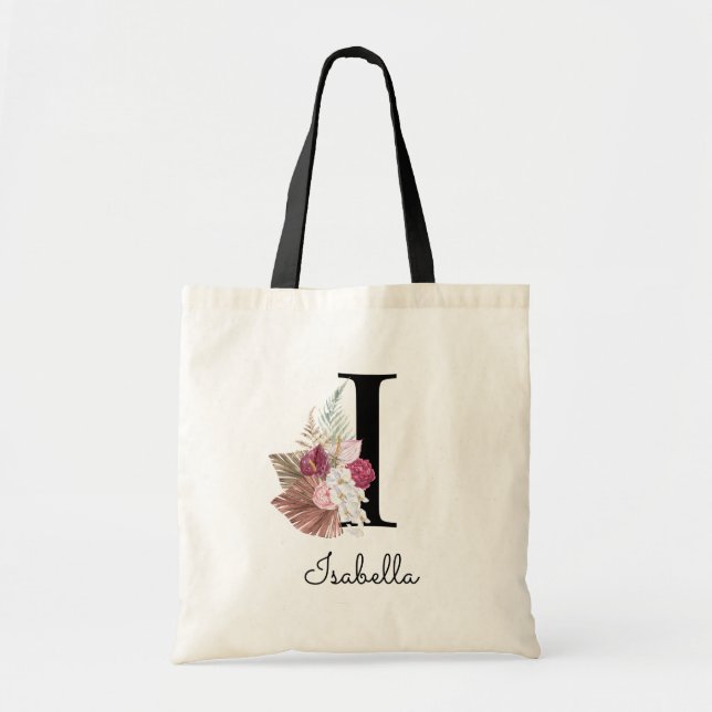 Tote Bag Monogramme rose Boho Girly Floral Initial I (Devant)