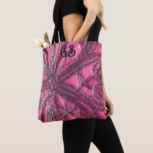 Tote Bag Monogramme rose chaud élégant imprimé floral brode