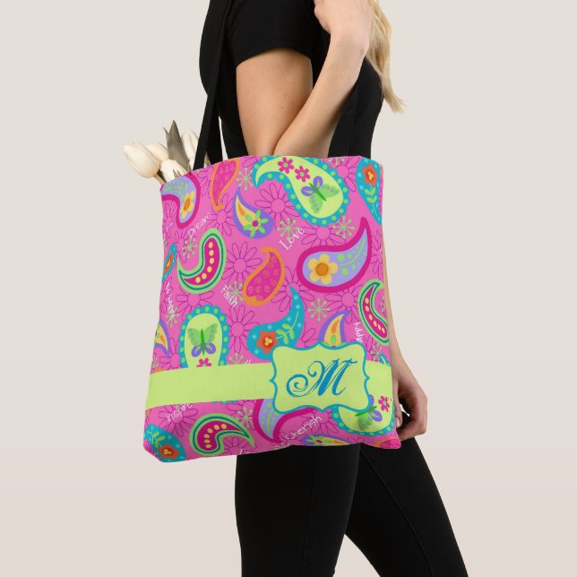 Tote Bag Monogramme rose clair Paisley moderne Personnalisé (De près)