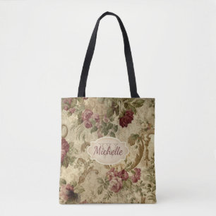 Tote Bag Monogramme rose et nom de vin floral vintage