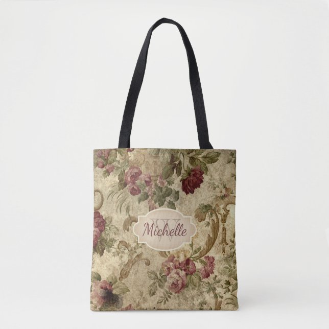 Tote Bag Monogramme rose et nom de vin floral vintage (Devant)