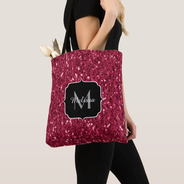Tote Bag Monogramme rose foncé magenta faux scintillants (De près)