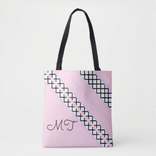 Tote Bag Monogramme rose pâle et rayures de lavande
