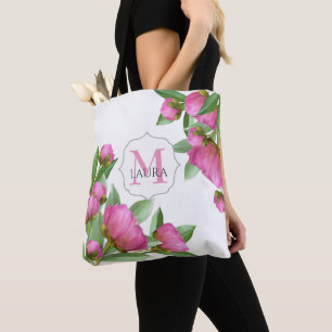 Tote Bag Monogramme rose Personnalisé Élégant Peonies botan