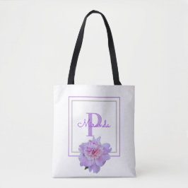 Tote Bag Monogramme rose pivoine Fleur double encadré bleu