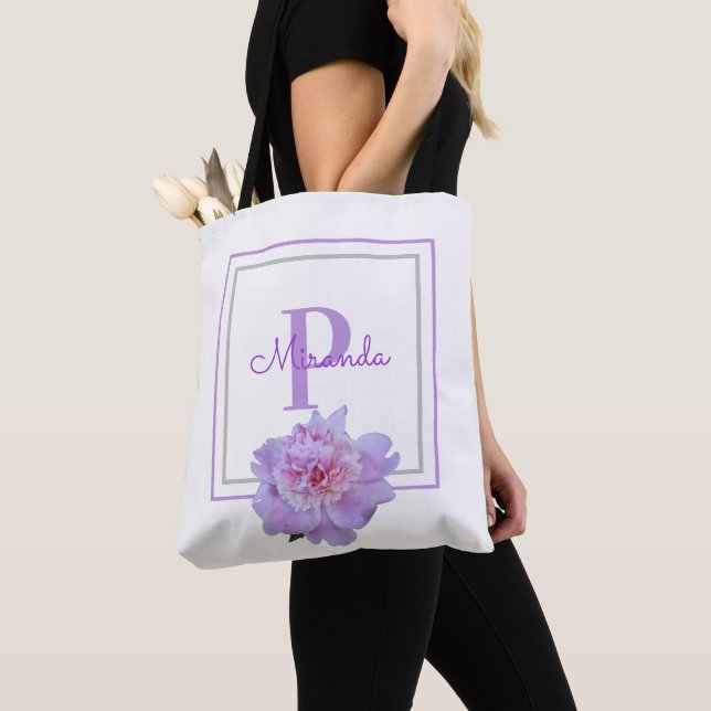 Tote Bag Monogramme rose pivoine Fleur double encadré bleu (De près)