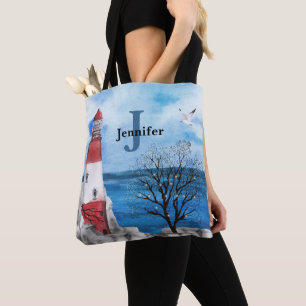 Tote Bag Monogramme Rouge et Bleu Phare Aquarelle Art