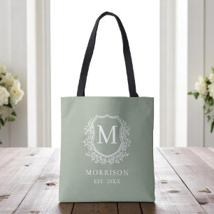 Tote Bag Monogramme Sage Green Crest Mariage botanique
