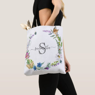 Tote Bag Monogramme Script Calligraphie Papillons Fleurs ve