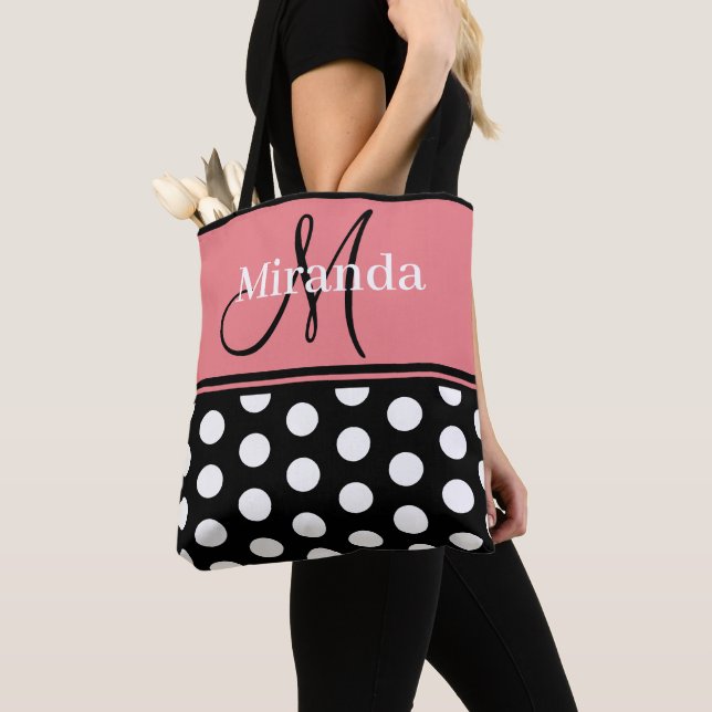 Tote Bag Monogramme Script noir rose Pois blancs (De près)