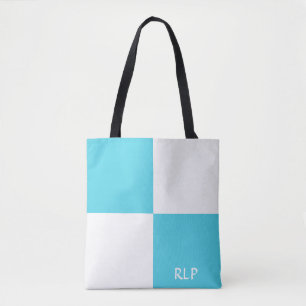 Tote Bag Monogramme simple bleu clair et blanc Carrés