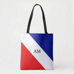 Tote Bag Monogramme sur bandes diagonales rouges et blanche