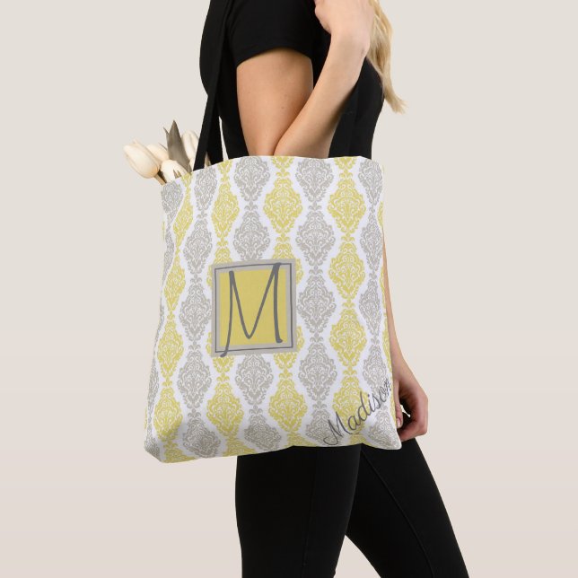 Tote Bag Monogramme tendance jaune et gris (De près)