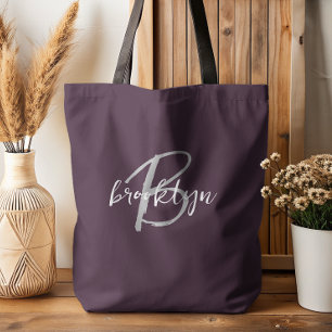 Tote Bag Monogramme tendance violet prune gris blanc