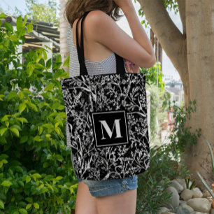 Tote Bag Monogramme Texte Floral Fleur Gris