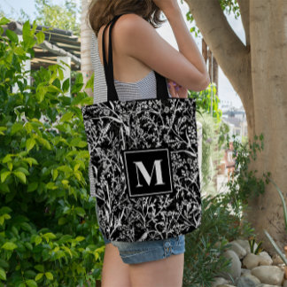 Tote Bag Monogramme Texte Floral Fleur Gris