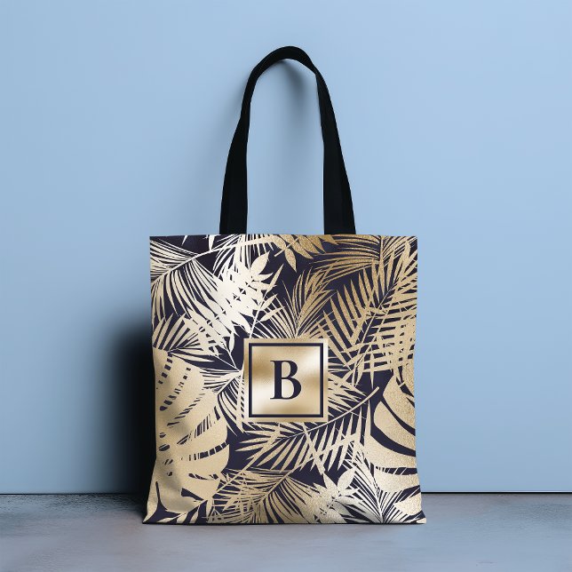 Tote Bag Monogramme Tropical Floral Gold Navy (Créateur téléchargé)