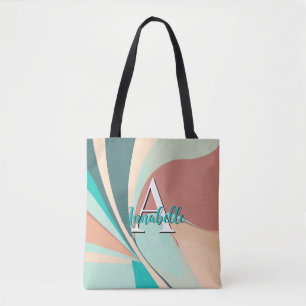 Tote Bag Monogramme Turquoise Abstrait Retro Moderne Peach 