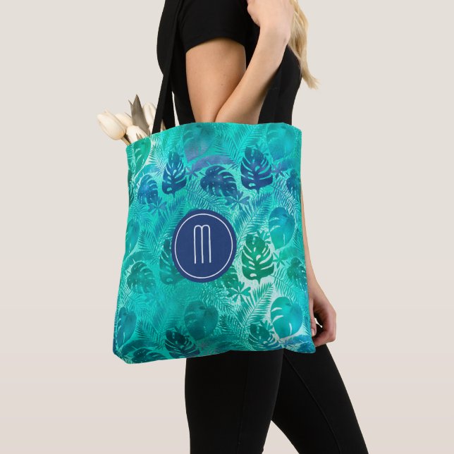 Tote Bag Monogramme turquoise Motif de feuille de palme tro (De près)