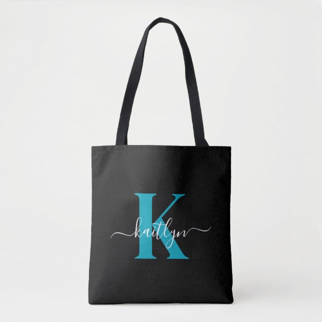Tote Bag Monogramme Turquoise noir moderne (Devant)