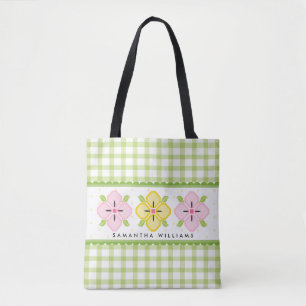 Tote Bag Monogramme vert En vichy floral
