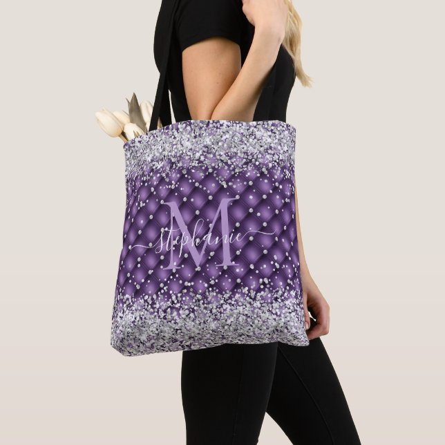 Tote Bag Monogramme Violet Tufté Diamant Parties scintillan (De près)