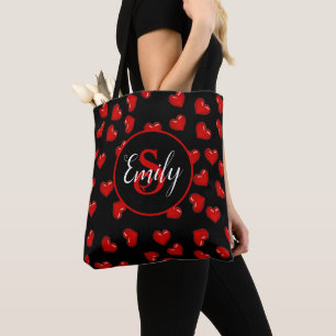 Tote Bag monogrammed Coeurs rouges d'amour sur noir