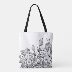 Tote Bag Monographe graphique floral noir moderne
