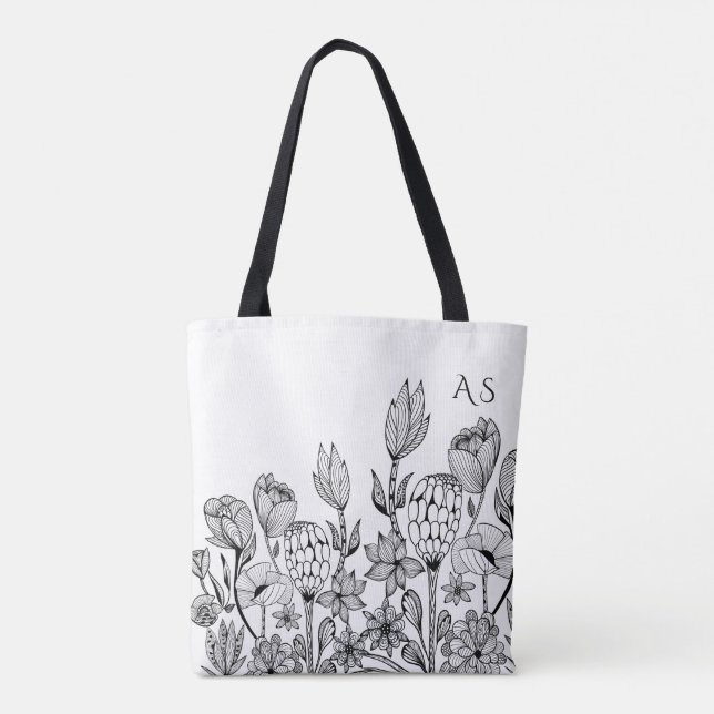 Tote Bag Monographe graphique floral noir moderne (Dos)