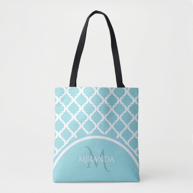 Tote Bag Monongramme et nom du Quatrefoil Aqua Grand tendan (Devant)