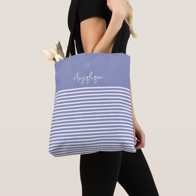 Tote Bag Monongramme Lilac Moderne Coeur et rayures (De près)