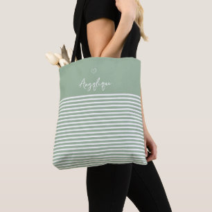Tote Bag Monongramme Sage Modern Heart and Stripes