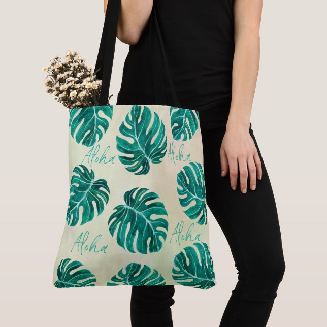 Tote Bag Monstère tropicale émeraude palmier vert feuille a (De près)