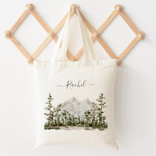Tote Bag Montagne et forêt aquarelle monogrammée
