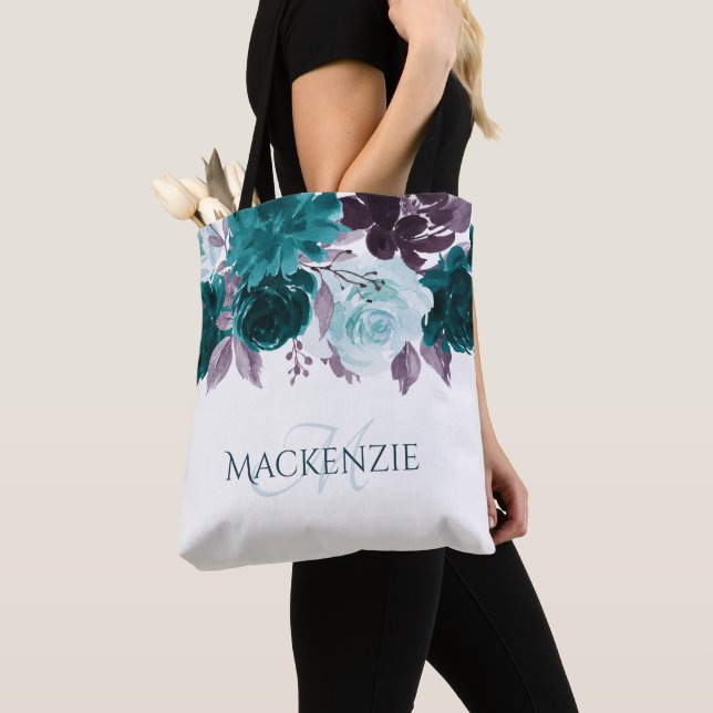 Tote Bag Moody Boho | Garland turquoise et violet Floral Pe (De près)