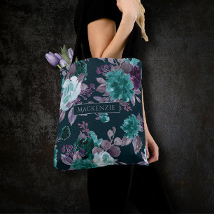 Tote Bag Moody Boho Turquoise profond et Motif pourpre d'