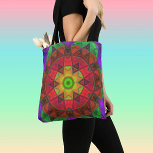Tote Bag Mosaic Kaleidoscope Fleur rouge vert et violet