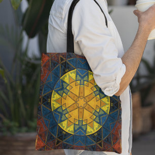 Tote Bag Mosaic Mandala Fleur Jaune Bleu et Rouge