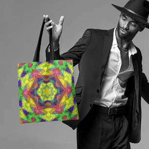 Tote Bag Mosaic Mandala Fleur Jaune Bleu et Vert