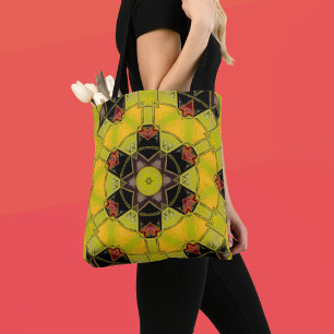Tote Bag Mosaic Mandala Fleur jaune vert rouge et noir