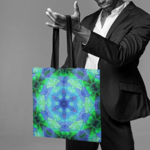Tote Bag Mosaic Mandala Flower bleu et vert