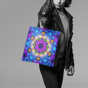 Tote Bag Mosaic Mandala Flower rose bleu et jaune
